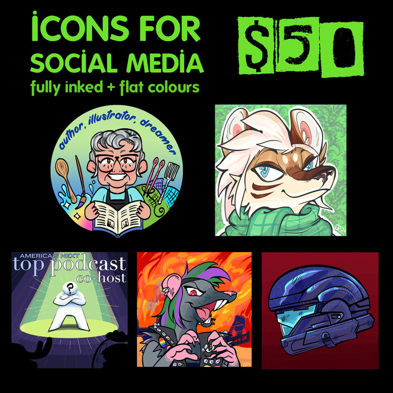 Icons for Social Media fully inked + flat colours $50. The art includes a drawing of an older woman who is an author, illustrator, dreamer. A coyote character in a scarf. America's Next Top Podcast Co-host. A rat woman burning a cop car. A halo master chief helmet in navy on a red background.
