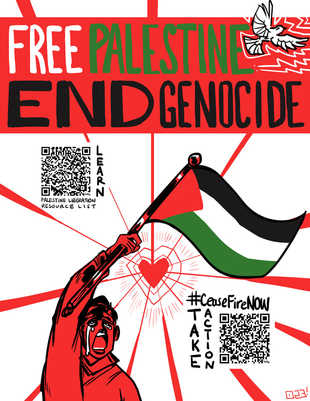 A poster for Palestine featuring the message 'Free Palestine End Genocide' - the graphic is a small peace dove in the top right  corner, then in the center of the poster below the words is a Palestinian person waving a Palestine flag and crying out for help. 