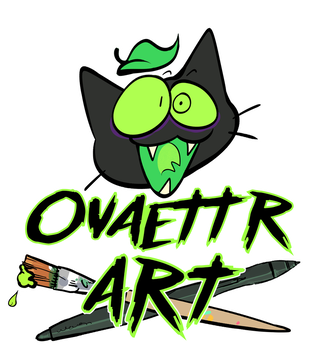 Ovaettr Art logo with a black cat with lime green eyes and a green leaf on his head has his mouth open and Ovaettr Art is below him. Crossing each other are a tablet pen and paintbrush together in an X.