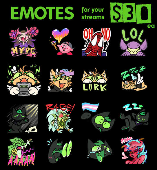 Emotes for your streams $30 each - features a collection of emotes from fan art of characters to little humanoids or demons or imps or cat fursonas or monster sonas all doing different emotions or things